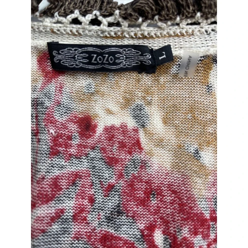 Zozo Knit Cardigan Sweater Linen Blend Size L Button Front Floral Thin - Picture 2 of 10